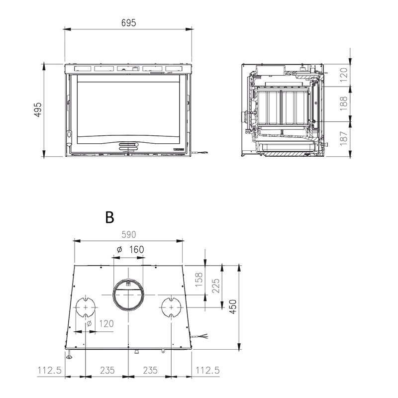 kamīnu kurtuves la nordica inserto 70 h49 ventilato izmēri